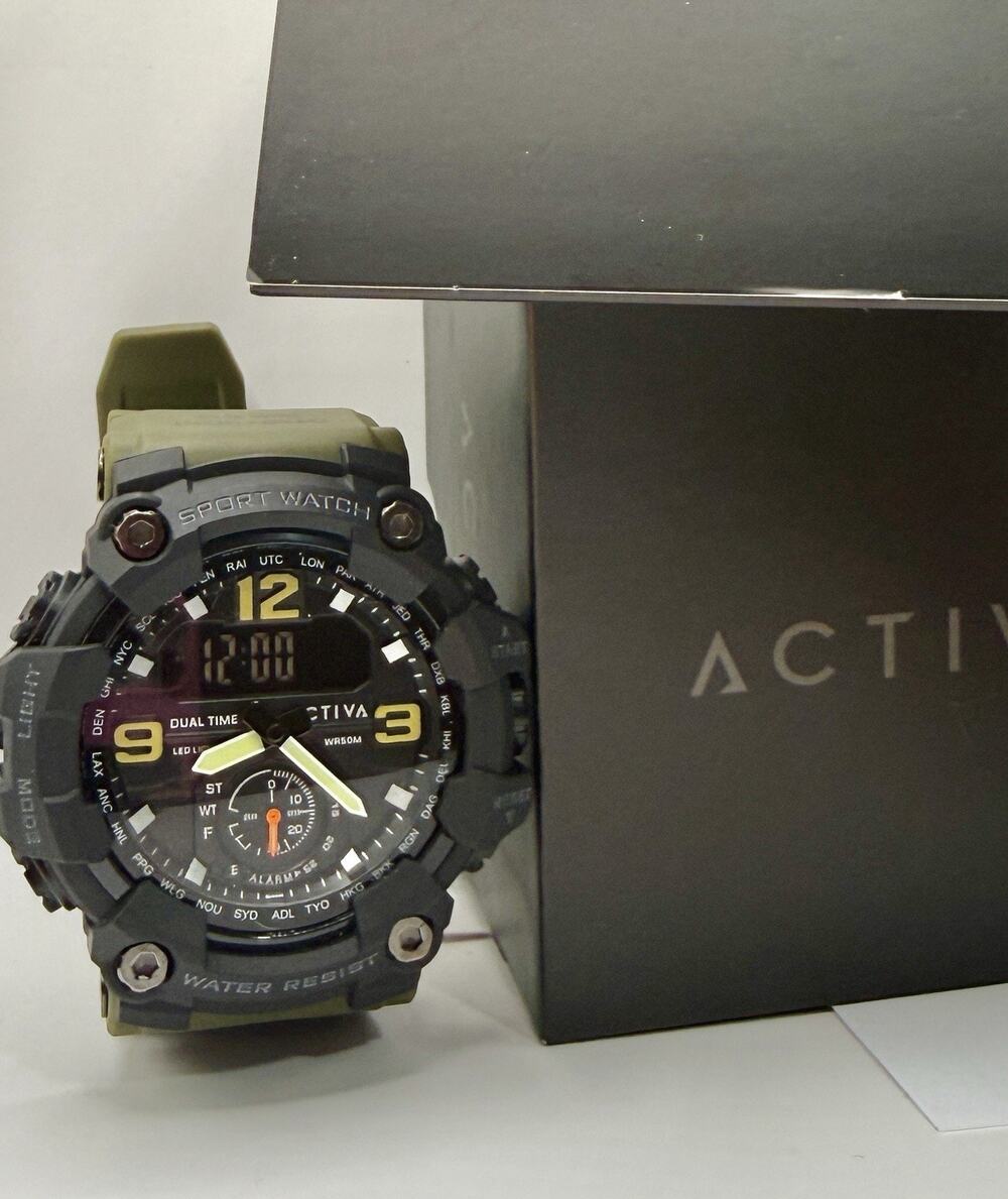 Activa Mens NEW Dual Time Quartz Analog/Digital LED Chrono Black/Green 55mm